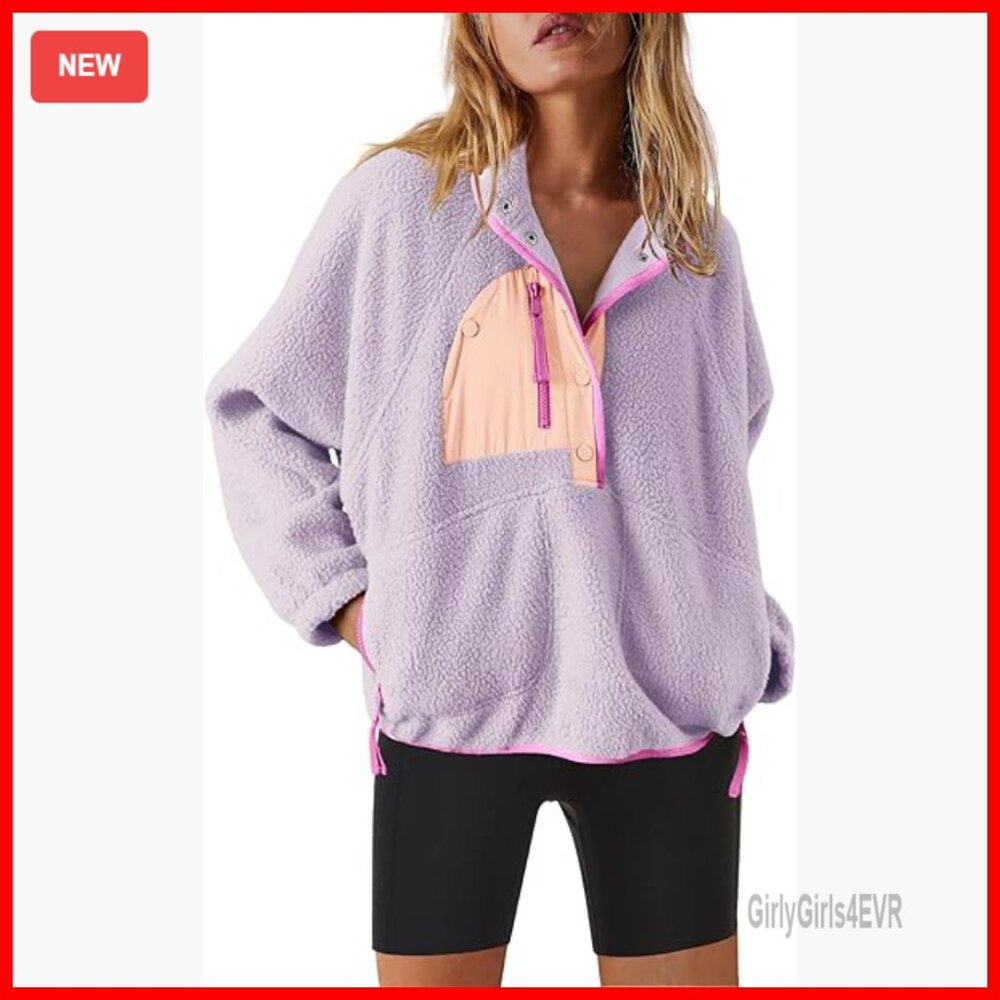 Womens Fleece Sherpa Pullover Jacket Long Sleeve Button Down Pockets